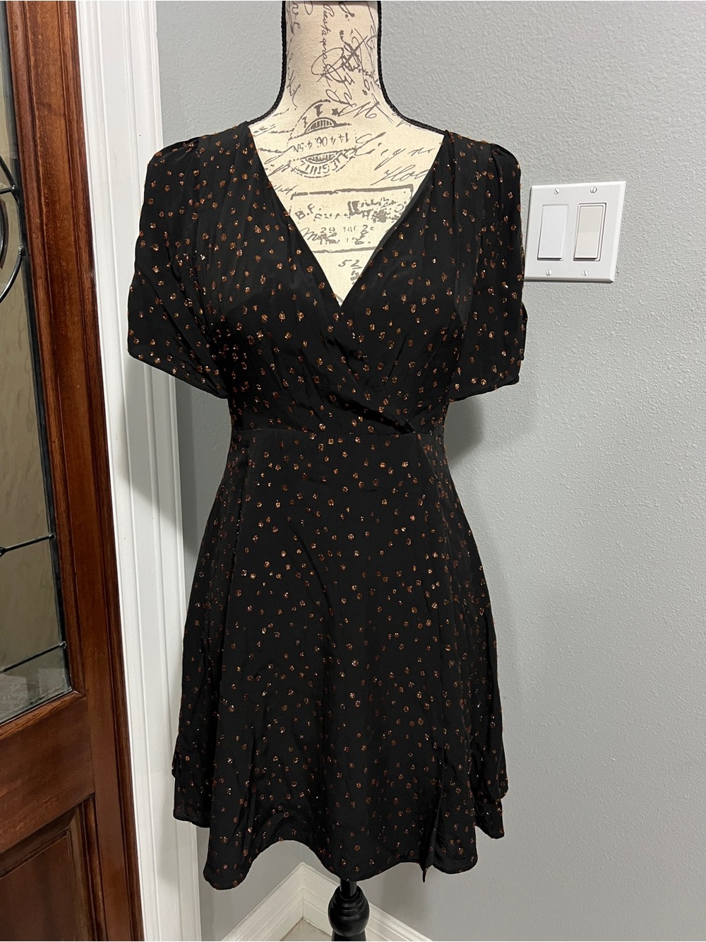 Madewell Metallic Dot Cape-Sleeve Faux Wrap Mini Dress Black Size 0 XS